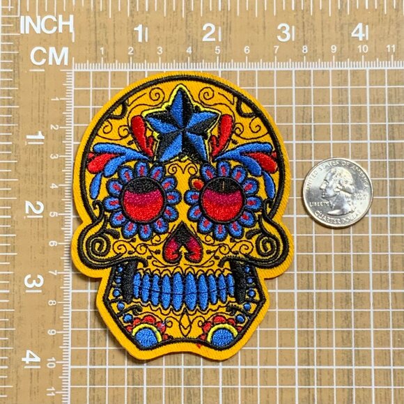 Orange Blue Black Star Sugar Skull Iron on Patch Embroidered Dia de los Muertos - Picture 2 of 4